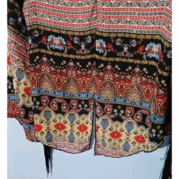 See You Monday Womens Medium Paisley Long Sleeve Black Fringed Cropped Top Boho - Picture 5 of 10